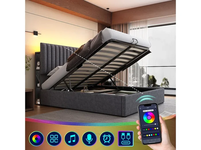 140x200cm cama tapizada gris almacenamiento cama doble LED app Control Cama con función de carga USB tipo C, cabecero ajustable (con colchón)