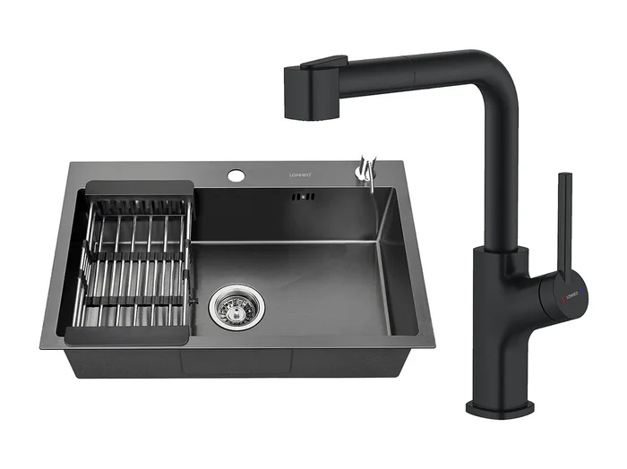 2 en 1 Fregadero de Cocina Negro 68x45x19CM con Distributor de Jabón y Escurridor Cesta + Grifo de Cocina Negro Inox Extraíble Rotativo 360