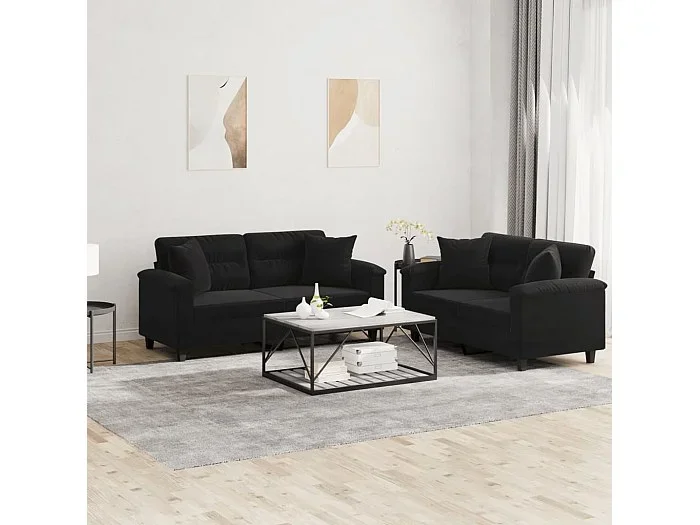 2 peças conjunto sofás com almofadas tecido de microfibra preto