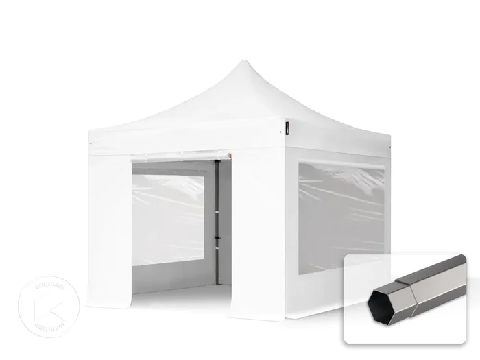3×3 m Carpa plegable, PREMIUM acero 40mm, 4 laterales incl. con ventanas panorámicas, blanco