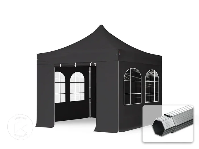 3×3 m Carpa plegable, PROFESSIONAL aluminio 40mm, 4 laterales incl. con ventanas de arco, negro