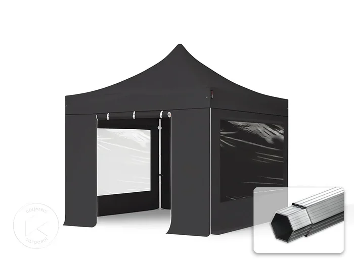 3×3 m Carpa plegable, PROFESSIONAL aluminio 40mm, 4 laterales incl. con ventanas panorámicas, negro