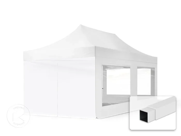 3×6 m Carpa plegable, ECONOMY acero 30mm, 4 laterales incl. con ventanas panorámicas, blanco