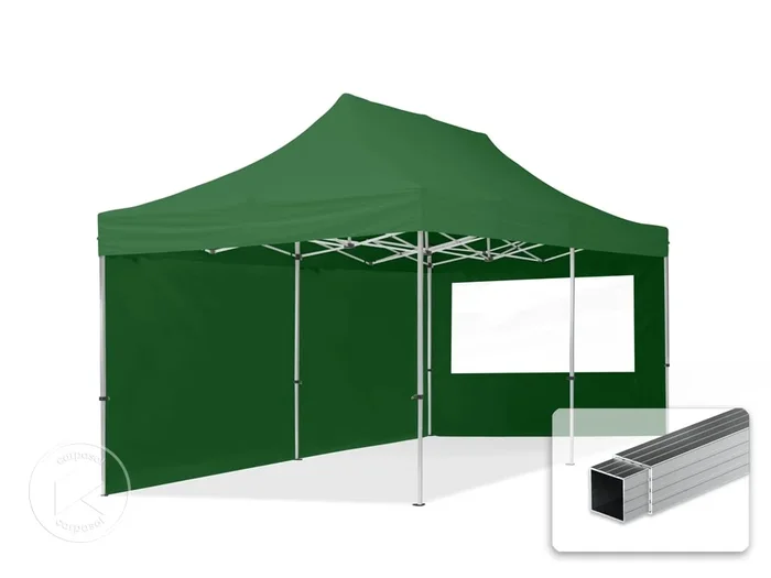 3×6 m Carpa plegable, ECONOMY aluminio 32mm, 2 laterales incl. con ventanas panorámicas, verde oscuro
