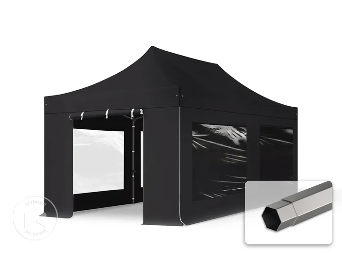 3×6 m Carpa plegable, PREMIUM acero 40mm, 4 laterales incl. con ventanas panorámicas, negro