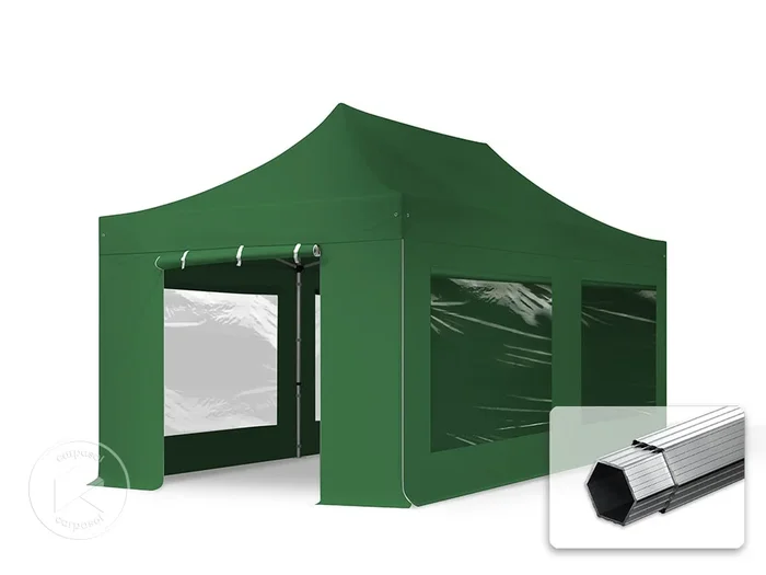 3×6 m Carpa plegable, PROFESSIONAL aluminio 40mm, 4 laterales incl. con ventanas panorámicas, verde oscuro