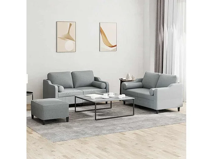 3 peças conjunto de sofás com almofadas tecido cinzento-claro