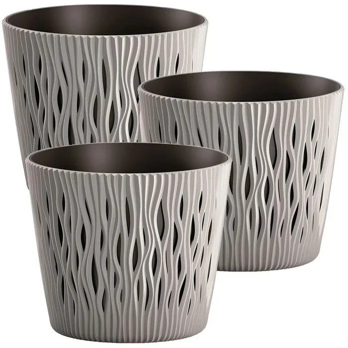 3x Maceta redonda de plastico Sandy Round en color gris 18,9 (largo) x 18,9 (ancho) x 16,5 (alto) cm