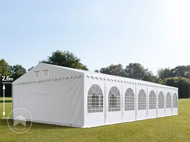8×28 m Carpa para fiestas XXL, altura lateral 2,6m, PVC 800, con base reforzada, blanco