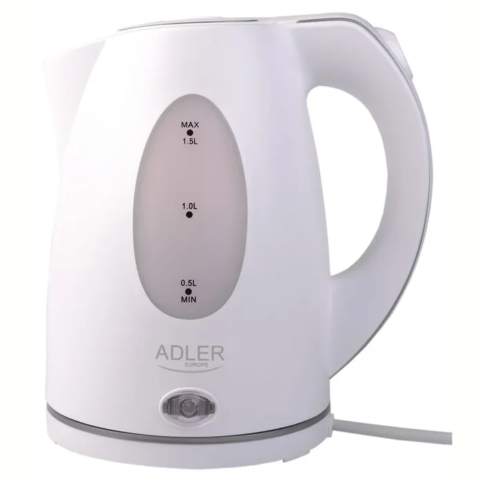 Adler AD 1207 Hervidor Agua Eléctrico, 1,5 L, Resistencia Oculta, Inalámbrico, Apagado Automático, Base 360º, 2200, Blanco