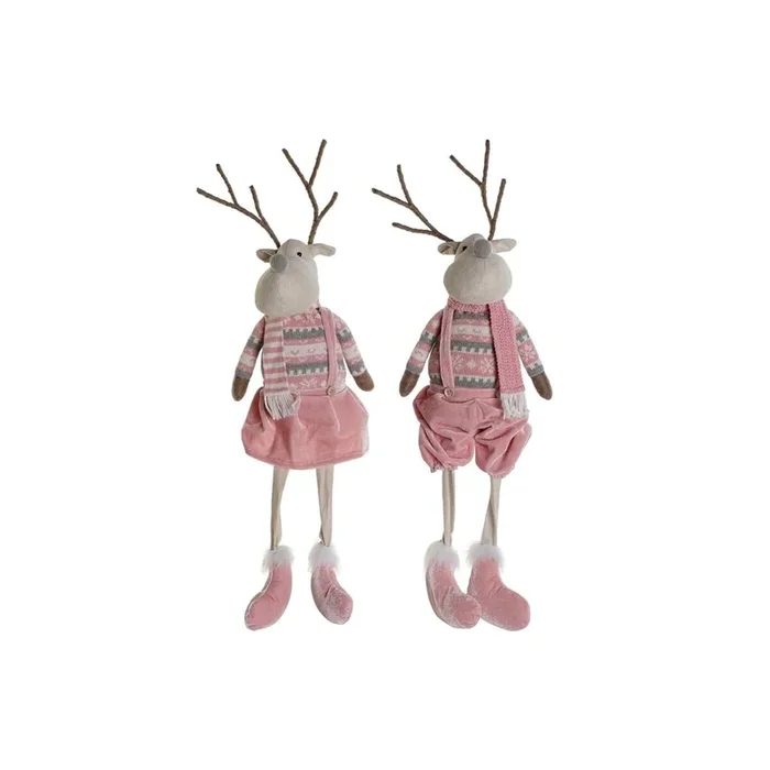 Adorno Navideño DKD Home Decor Blanco Marrón Rosa Reno 17 x 14 x 63,5 cm (2 Unidades)