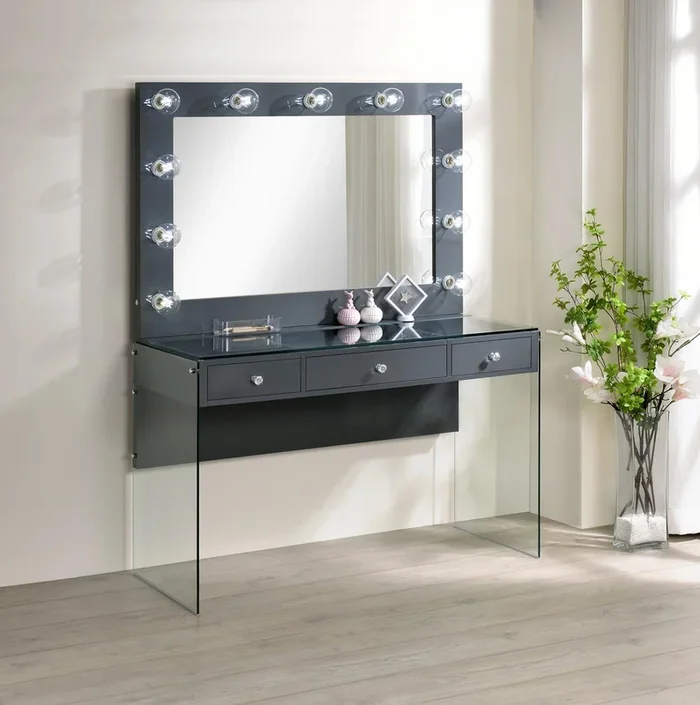 Afshan Gray High Gloss 3-Drawer Vanity Desk with Lighting Mirror