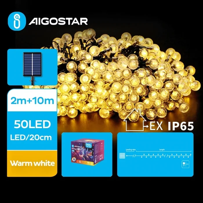 Aigostar – Cadena decorativa solar LED 50xLED/8 funciones 12m 800 mAh IP65 blanco cálido