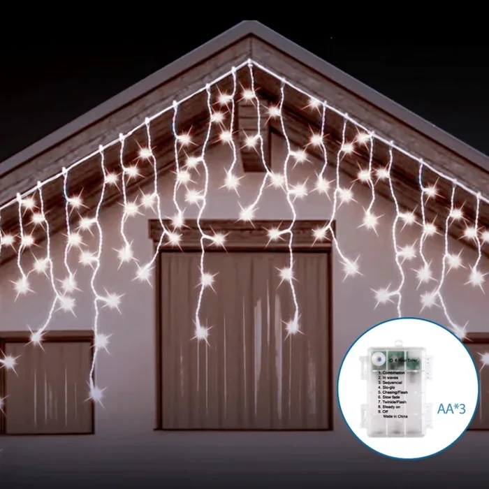Aigostar – Cadena LED navideña exterior 200xLED/8 funciones 3xAA 13×0,6m IP44 blanco frío