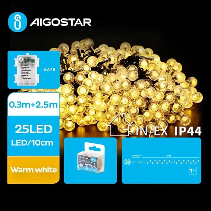 Aigostar – Cadena LED navideña exterior 25xLED/3xAA/8 funciones 2,8 m IP44 blanco cálido