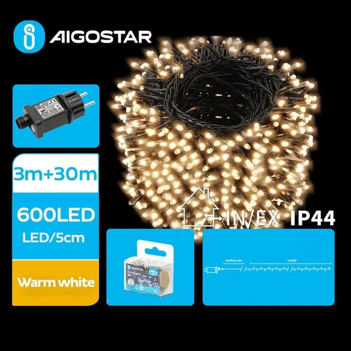 Aigostar – Cadena LED navideña exterior 600xLED/8 funciones 33m IP44 blanco cálido