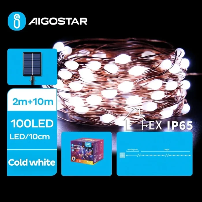 Aigostar – Guirnalda solar LED navideña 100xLED/8 funciones 12m IP65 800 mAh blanco frío