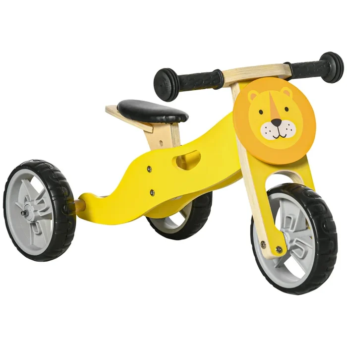 AIYAPLAY 2 en 1 Bicicleta sin Pedales de Madera para Niños de + 18 Meses Triciclo Infantil con Sillín Ajustable de 22-26 cm Carga 20 kg Estilo León 60x38x38 cm Amarillo