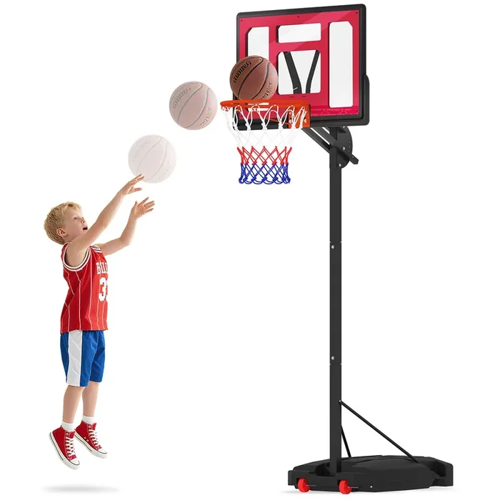 AIYAPLAY Canasta de Baloncesto con Bolsa de Peso Altura Ajustable 200-260 cm Canasta de Baloncesto Portátil con Ruedas y Base Rellenable para Interior y Exterior Rojo y Negro