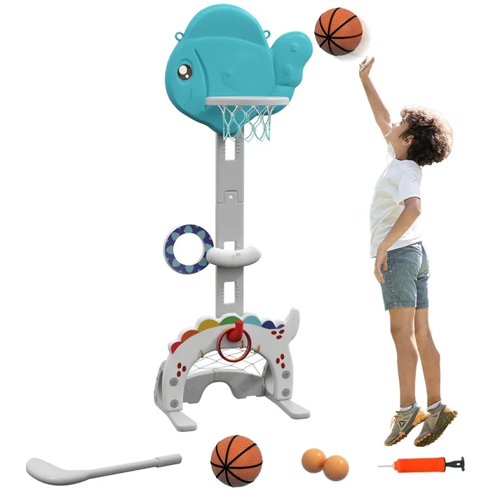 AIYAPLAY Canasta de Baloncesto Infantil 5 en 1 Canasta de Baloncesto para Niños Altura Ajustable con Temática de Pez Dorado Fútbol Golf Anilla Juego de Lanzamiento de Pelota para Interior Azul