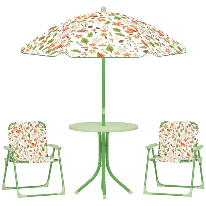 AIYAPLAY Conjunto de Mesa y Sillas Infantil de Jardín de 4 Piezas Mesa Infantil con Sillas Plegables Sombrilla Ajustable Diseño de Zorro para Patio Pícnic Verde