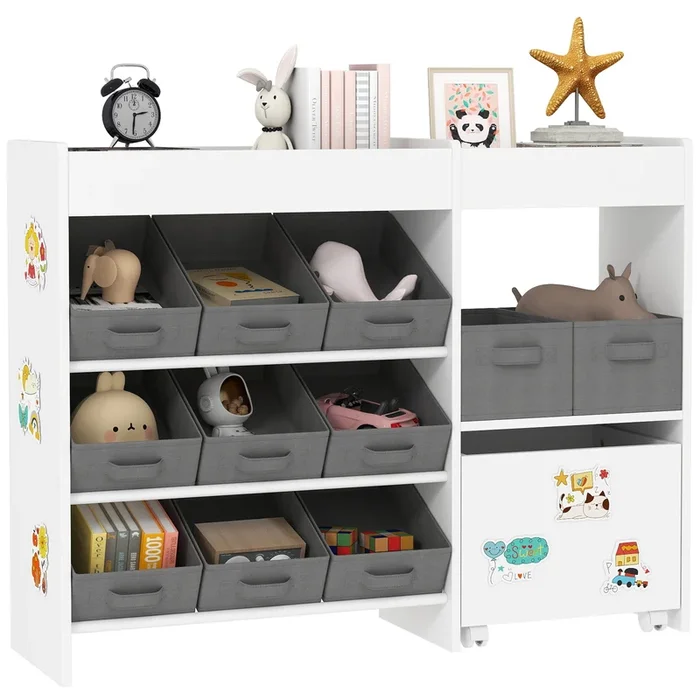 AIYAPLAY Estantería para Juguetes para Niños Organizador Infantil con 11 Cestas Extraíbles Compartimentos y Láminas de Pegatinas para Guardería Sala de Juegos 105x30x80 cm Blanco