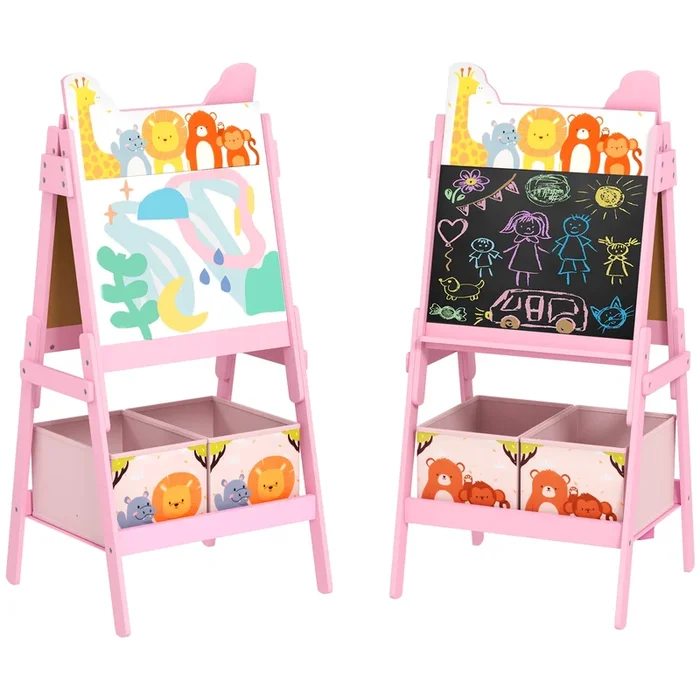 AIYAPLAY Pizarra Infantil Caballete 2 en 1 Doble Cara con Pizarra Blanca 2 Cestas de Almacenamiento Caballete Pintura Niños con Estampado de Animales 53,5x49x113 cm Rosa