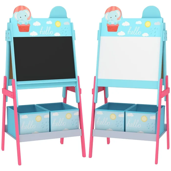 AIYAPLAY Pizarra Infantil Caballete 2 en 1 Doble Cara con Pizarra Blanca 2 Cestas de Almacenamiento Caballete Pintura Niños con Estampado de Animales 53,5x49x113 cm Azul