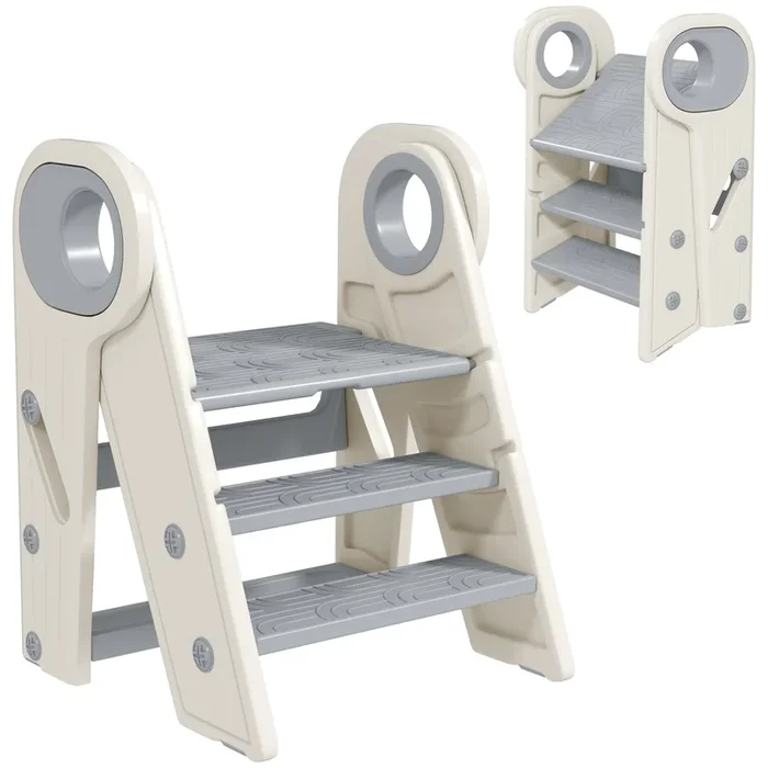 AIYAPLAY Taburete para Niños Plegable Torre de Aprendizaje Ajustable Escalera para Niños de 18-60 Meses Antideslizante para Baño Cocina Librería Dormitorio Gris y Blanco