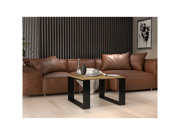 ALADA – Mesa de centro cuadrada de estilo industrial – 67x67x40 cm – Mesa de centro con decoración de madera