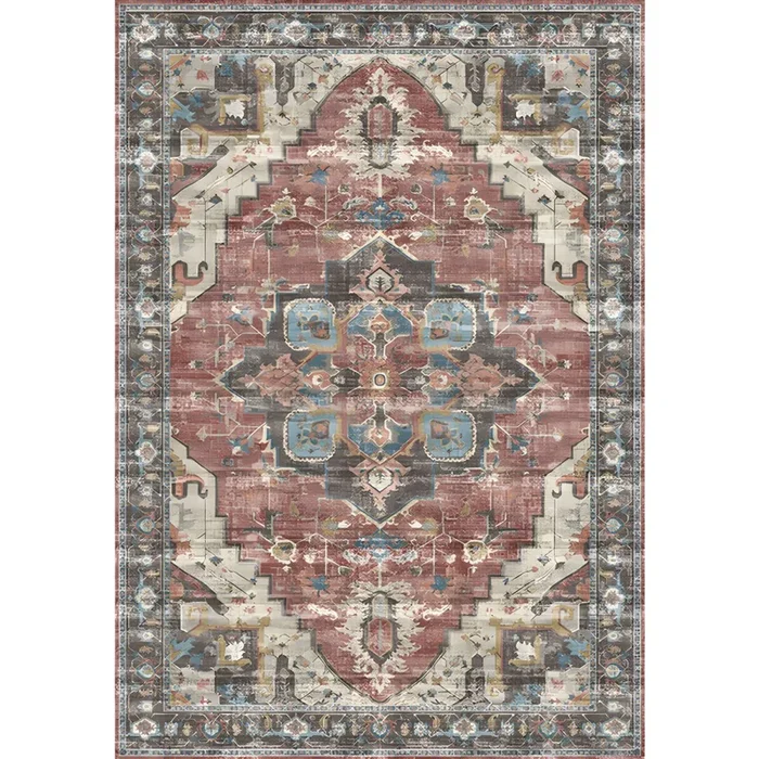 Alfombra de Área de Polipropileno Antideslizante con Patrón de Flores Tapiz Multicolor Estilo Retro para Sala – Rojo cereza 140 x 200 cm