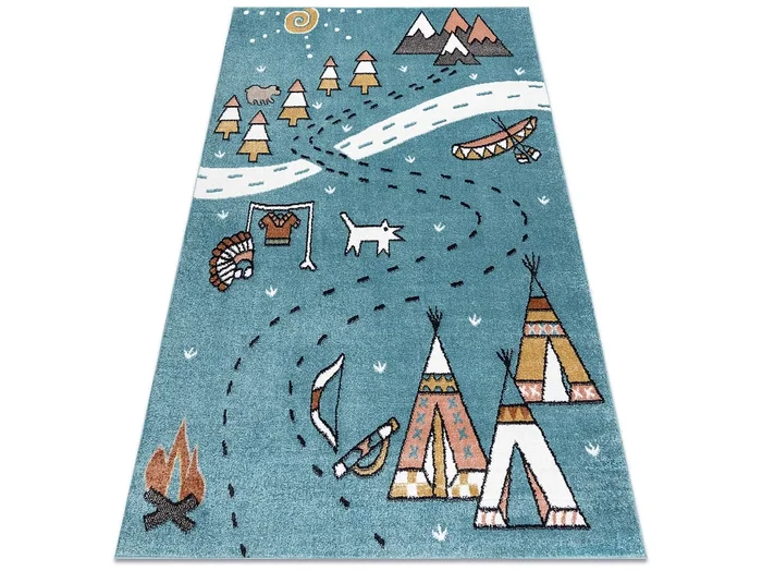 Alfombra FUN Indian para niños, Pueblo indio, animales azul 120×170 cm
