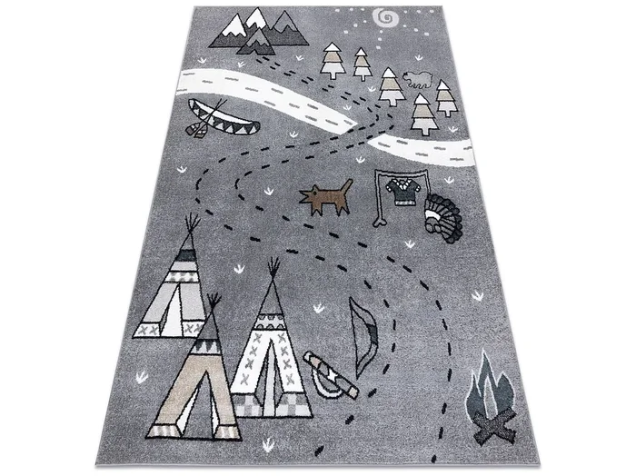 Alfombra FUN Indian para niños, Pueblo indio, animales gris 180×270 cm