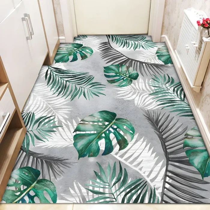 Alfombra Modernista con Patrón de Plantas Tapiz Multicolor de Fibra Sintética para Corredor, Lavable en Lavadora – Gris-verde 80 x 100 cm
