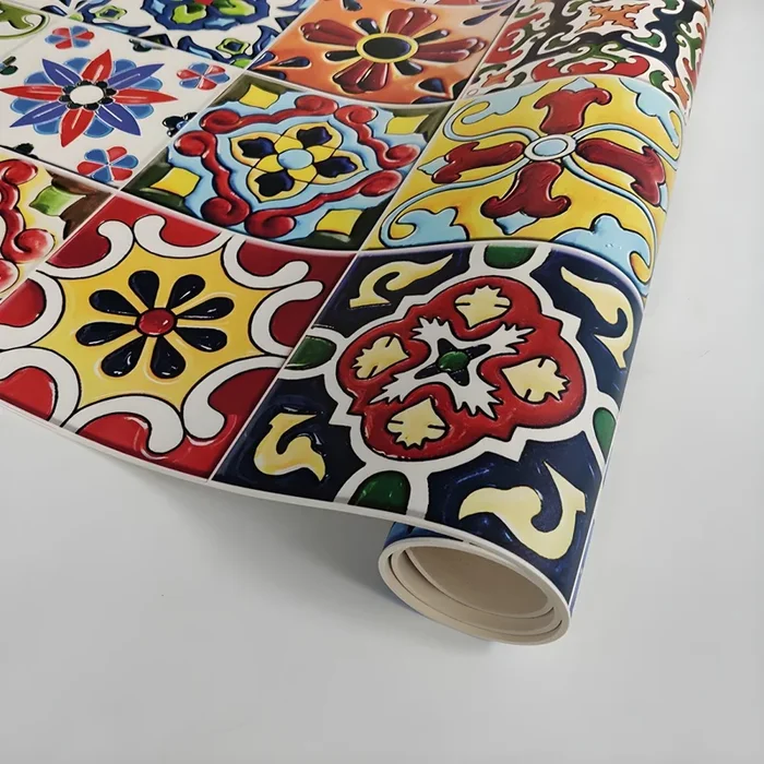 Alfombra PVC Multicolor Estilo Marroquí Tapete con Patrón de Azulejos para Interior, Fácil de Limpiar – Rojo 60 x 120 cm