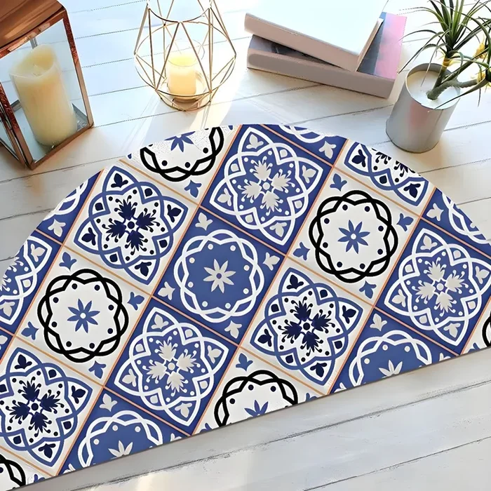 Alfombra Semicircular de Polipropileno Antideslizante Estilo Marroquí Tapiz Multicolor con Patrón Floral para Entrada – Azul oscuro 45 x 90 cm