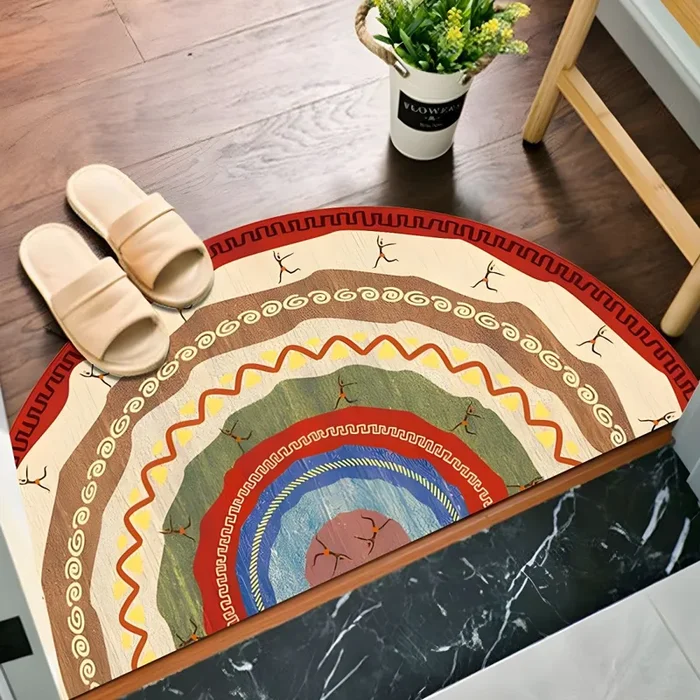 Alfombra Semicircular de Polipropileno Antideslizante Estilo Marroquí Tapiz Multicolor con Patrón Floral para Entrada – Rojo 70 x 140 cm