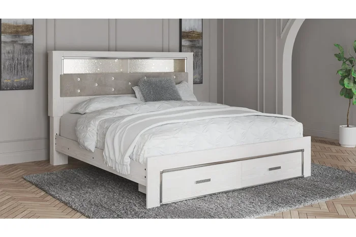 Altyra White King Upholstered LED Bookcase Storage Platform Bed