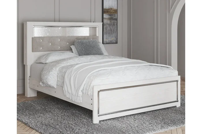 Altyra White Queen Upholstered LED Bookcase Panel Bed