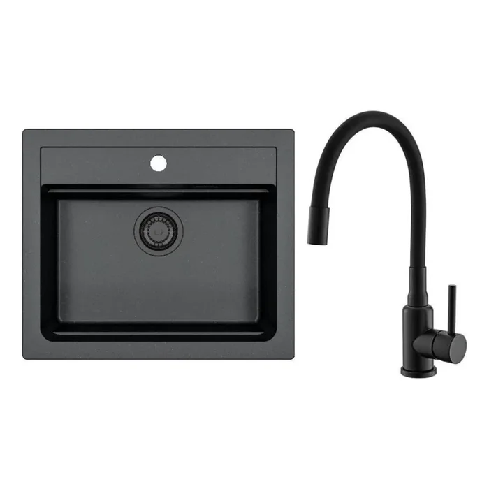 ALVEUS SETA23228 – Fregadero de cocina ATROX 59 x 50 cm + grifo para fregadero con caño flexible MINTAS 34 cm granito/negro mate