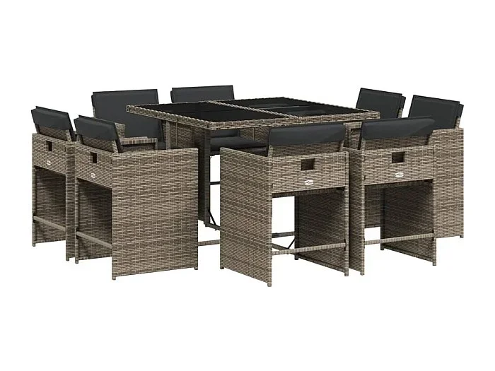 An Daingean Set comedor jardín 9 pzas y cojines ratán sintético gris