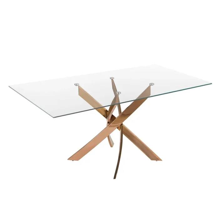 ANGEL CERDA Mesa comedor rectangular cristal templado y acero rosa