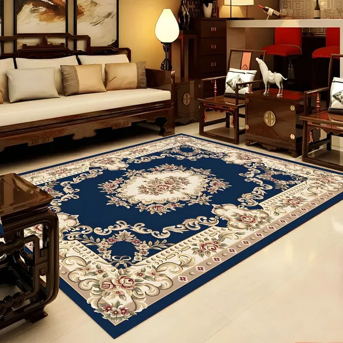 Antideslizante Tapete Sintético Multicolor Alfombra Retro con Dibujo de Flores para Salón, Lavable a Máquina – Azul 140 x 200 cm