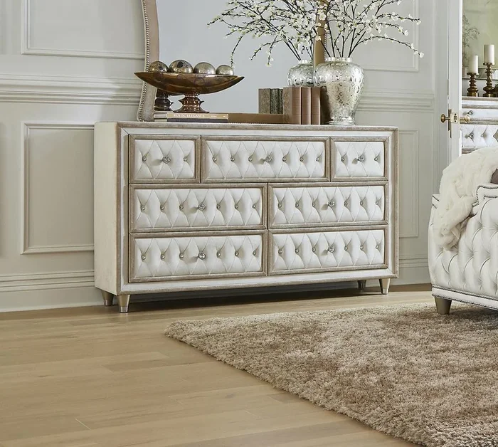 Antonella Ivory and Camel Upholstered 7-Drawer Dresser