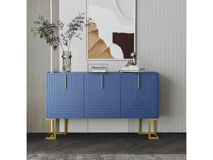 Aparador 138x40x80,5cm, mueble con 3 puertas, estantes regulables, puertas en forma de U, base de metal, azul marino