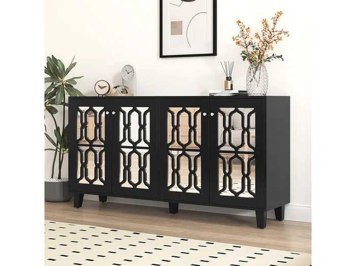 Aparador 160x40x81cm, con 4 puertas de espejo, laminado móvil, tiradores de cristal frío, para salón y comedor, color negro