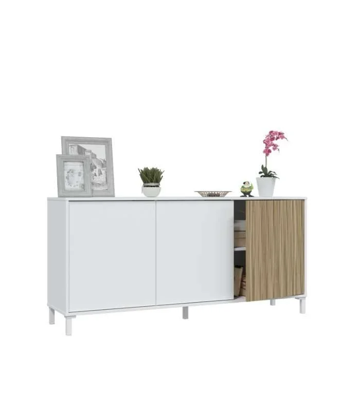 Aparador 3 puertas Tempo acabado natural/blanco. 74 cm(alto), 154 cm(ancho), 40 cm(largo)