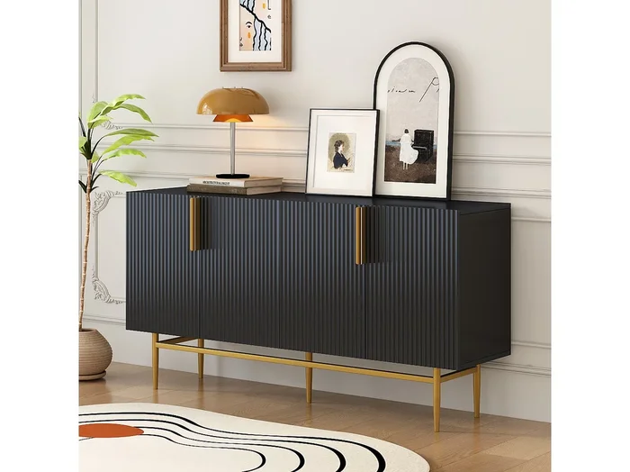 Aparador 4 puertas acanalado – patas de madera MDF y metal dorado – estilo moderno – color negro – 150 x 40 x 86 cm