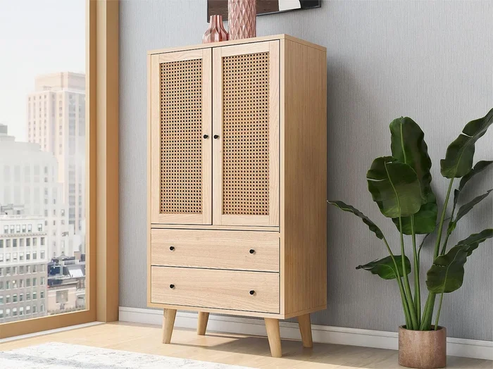 Aparador alto con 2 puertas y 2 cajones en madera de aglomerado – estilo clásico – color roble