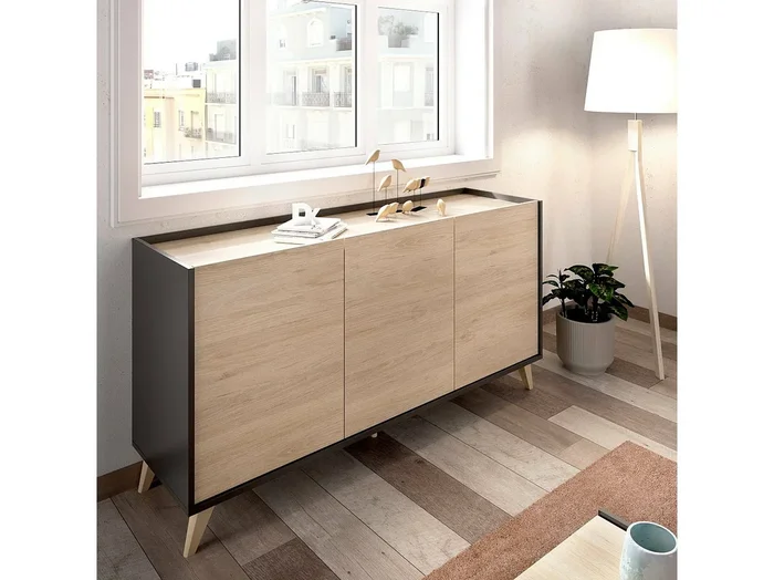 Aparador Avez, Buffet para salón, Aparador moderno para salón con 3 puertas, 155x43h75 cm, Roble y Antracita